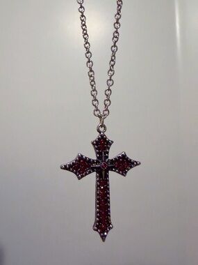 Hand Crafted Silver-Tone Cross Necklace with Red Crystals